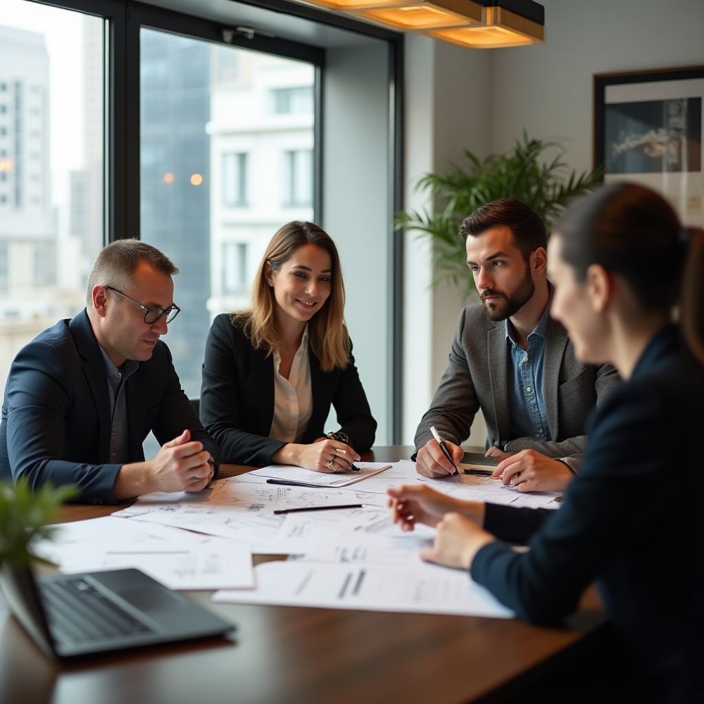 Equipo de profesionales financieros colaborando en una mesa de reuniones
